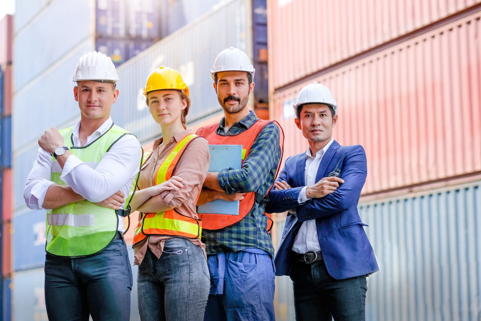 Group of technician or engineer worker stand with confident action or fold arms in cargo