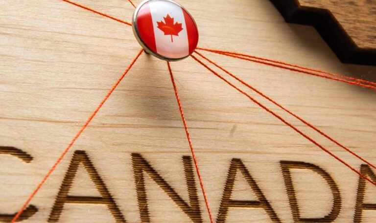 Canada flag on the pin with red thread showed the paths on the wooden map.