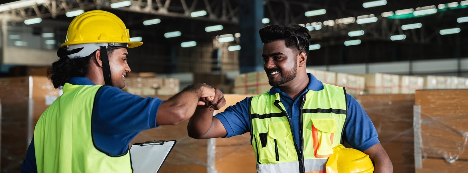 Group warehouse workers shake hands to celebrate and be happy in the warehouse.