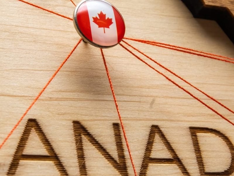 Canada flag on the pin with red thread showed the paths on the wooden map.